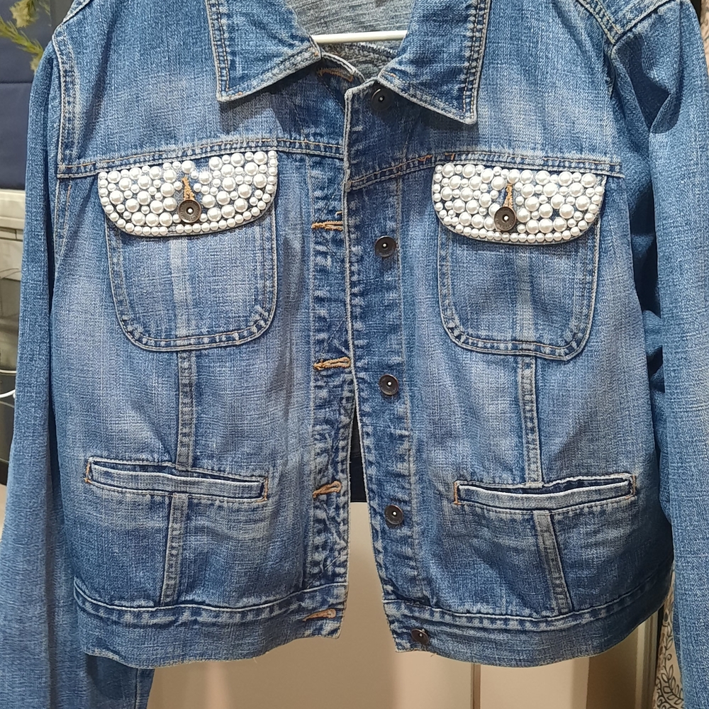 Women's Blue Jean Jacket with Embellished Pockets